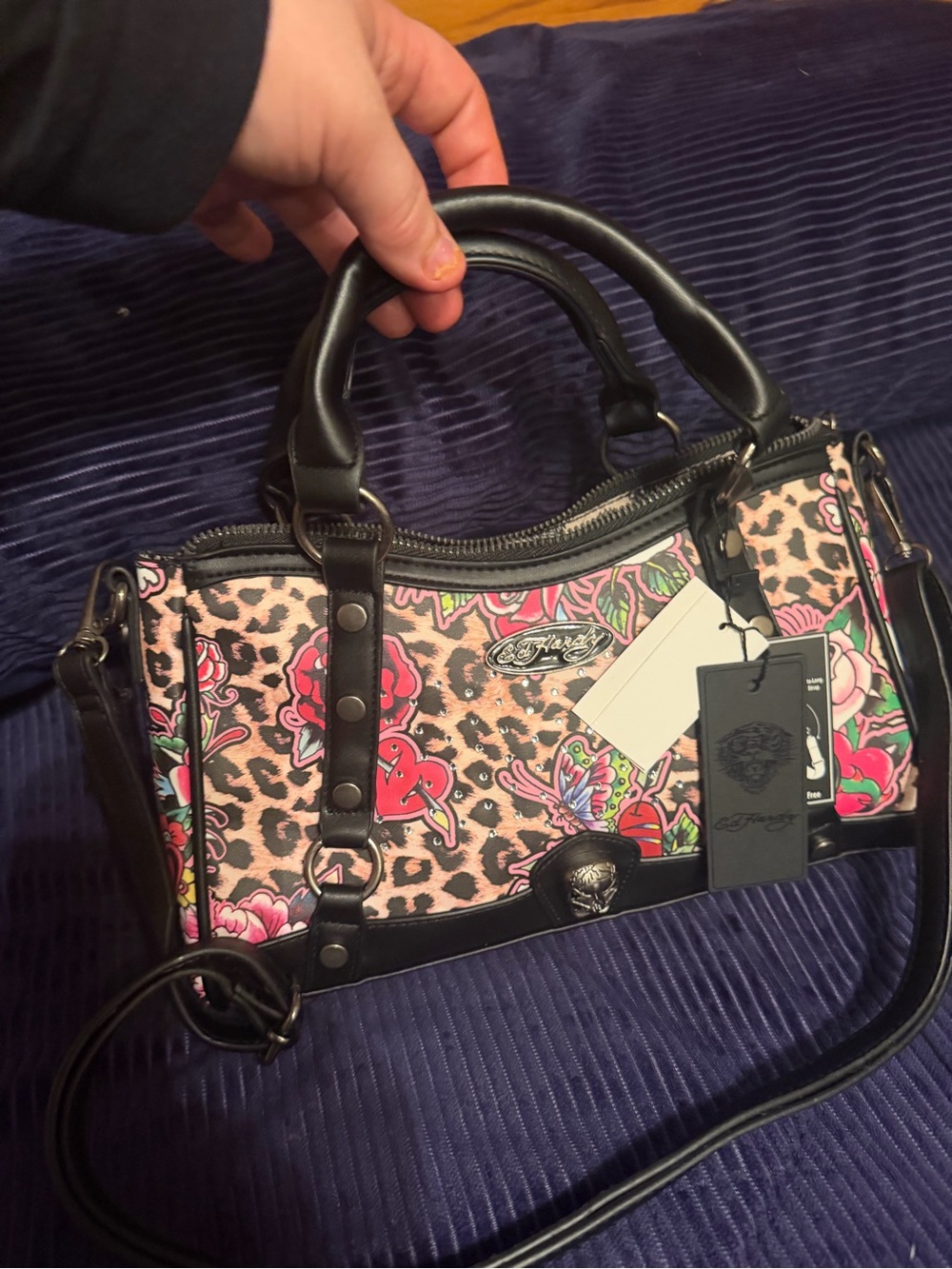 Mini Ed Hardy Pink Leopard Floral Shoulder Bag with Black Trim